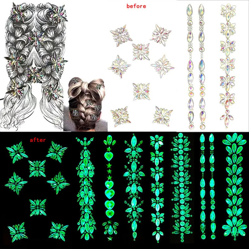 1 шт. светящиеся наклейки на голову татуировки на Хэллоуин волосы на лбу поддельные алмазные украшения праздничные вечерние татуировки на тело