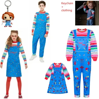 

The New Halloween Cosplay Scary Costume For Kids Girls Child's Play Chucky Good Guys 3D Cosplay Jumpsuits Fake 2 Pieces+Keychain