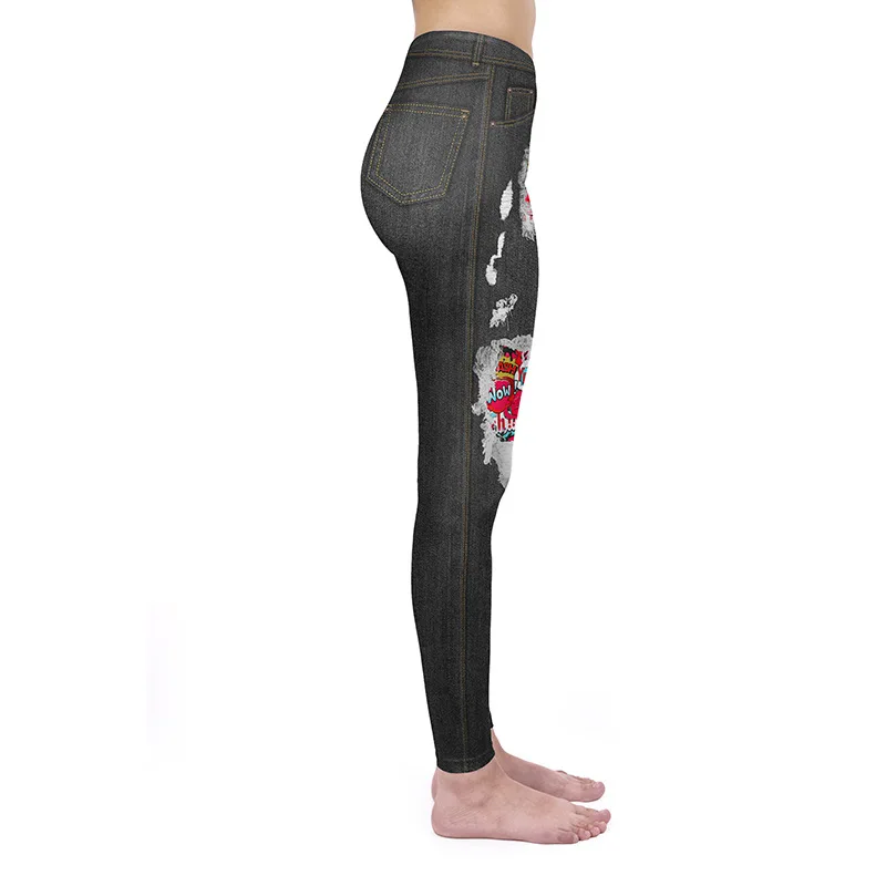 Ripped Denim Sport Leggings 3D Printed Fitness Slim Woman Pants Leggings Street Style High Waist Women Clothing