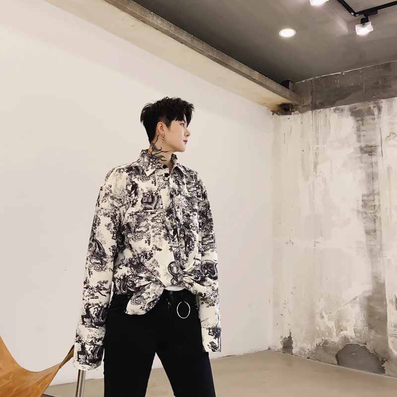 

New Men Printing Long Sleeve Casual Shirt Jacket Male Streetwear Fashion Hip Hop Loose Shirts Coat Outerwear