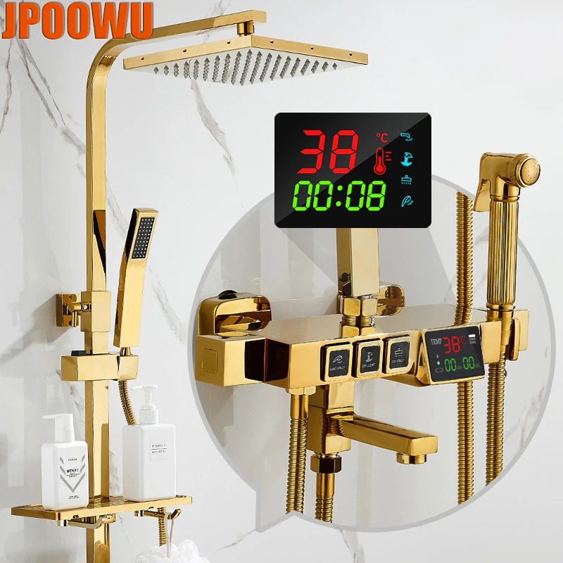 

Gold Thermostatic Shower System Set Bathroom Hot Cold Mixer Digital Shower Faucet Wall Mount Bidet Bath Tap Luxury SPA Rain Taps