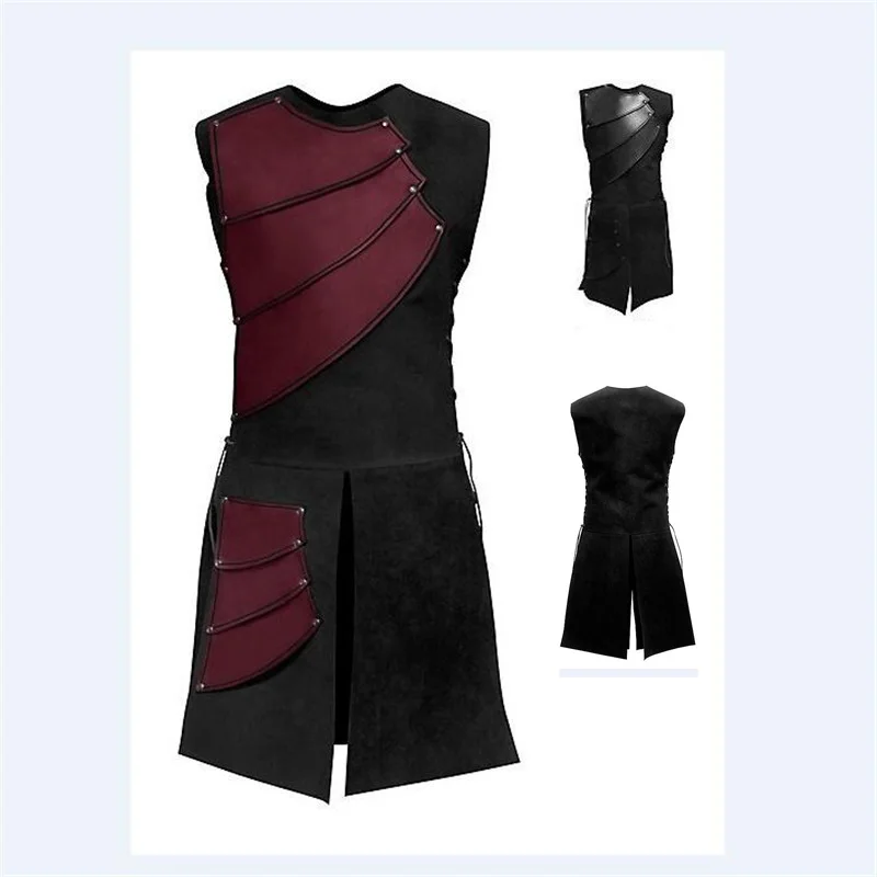

Takerlama Medieval Renaissance Mens Sleeveless Costume O-Neck Stitching Victorian Top Jacket Outfit Splicing Medieval Summer Top