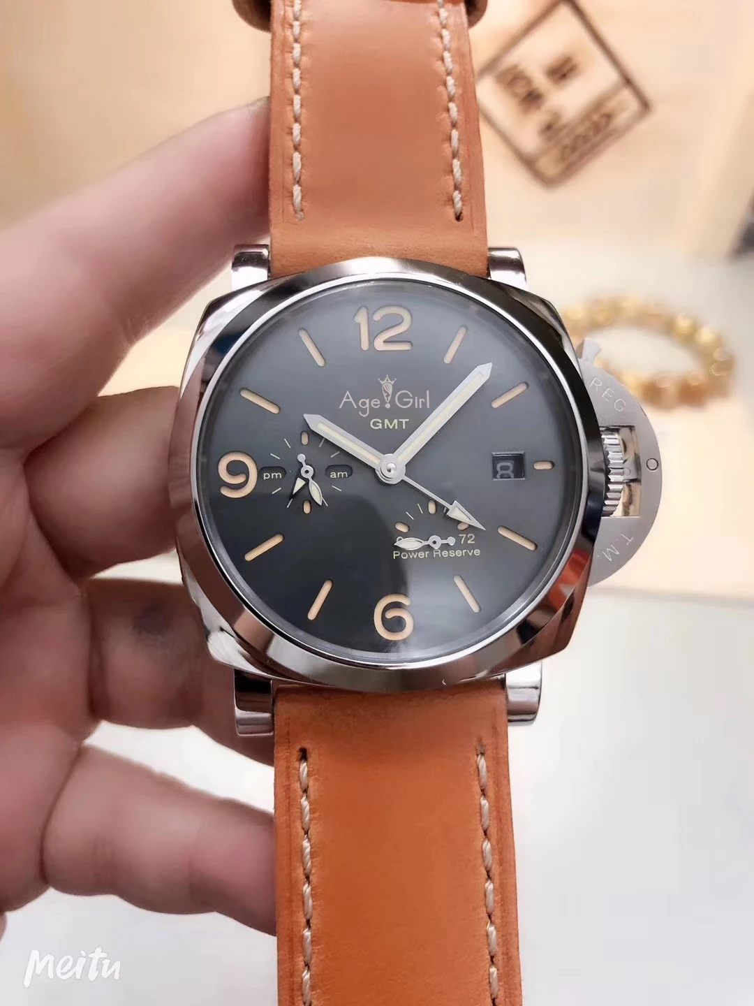 

Luxury Brand Men Automatic Mechanical Sapphire GMT Power Reserve Stainless Steel 3 Day Luminous 1950 Sport Watch Brown Leather
