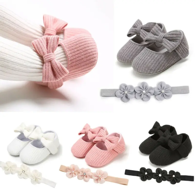 2019 Baby First Walkers Toddler Girl Crib Shoes Baby Bowknot Soft Sole Prewalker Dress Solid Shoes + Headband 2Pcs
