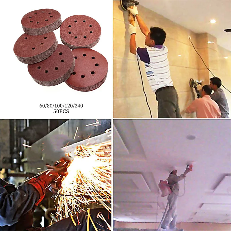 50PCS 5Inch 8 Hole Hook And Loop Round Sanding Disc Sandpaper 60-240 Grit Strong grinding force