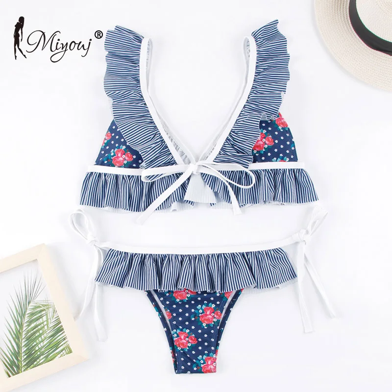 Miyouj Deep V Neck Bikini Floral Print Swimsuit Biquinis Feminino NEW Bow Swimwear Lace Up Bikini Set Bathing Suit Women Bikins blue bikini set