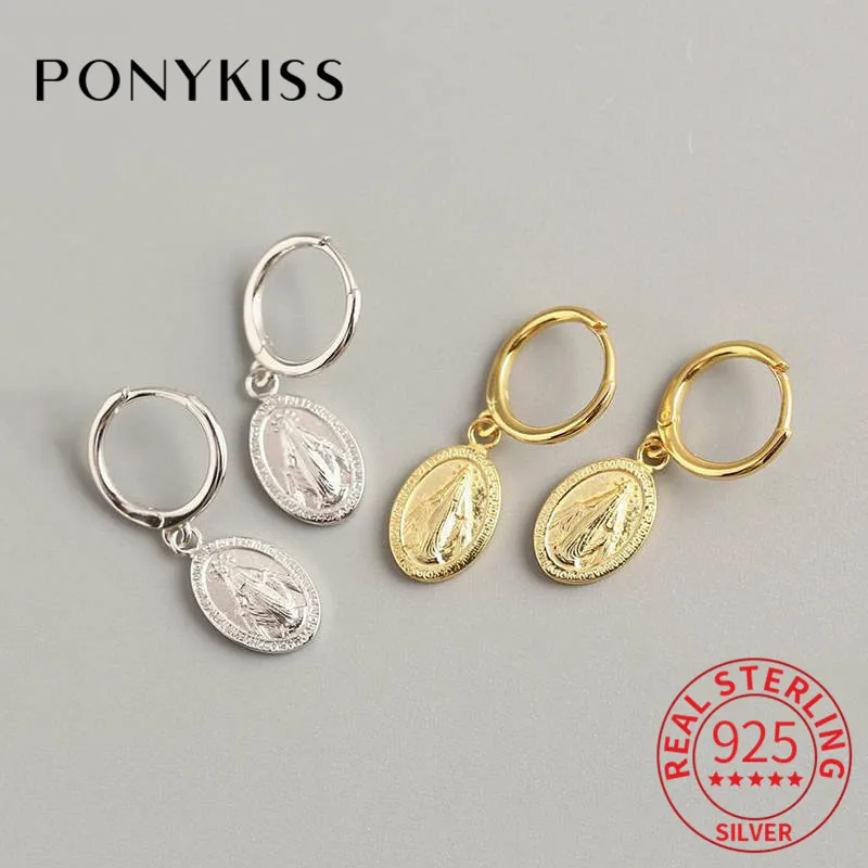 

PONYKISS 100% 925 Sterling Silver Virgin Mary Geometric Hoop Earrings For Fashion Women Party Trendy Jewelry Accessory Chic Gift
