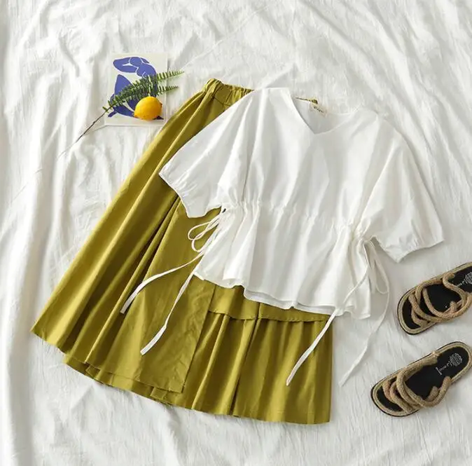 

Mooirue 2020 Spring Summer Casual 2 Piece Set Women V Neck Bandage Blouse Tops+ High Waist Loose Skirts Casual Streetwear Sets