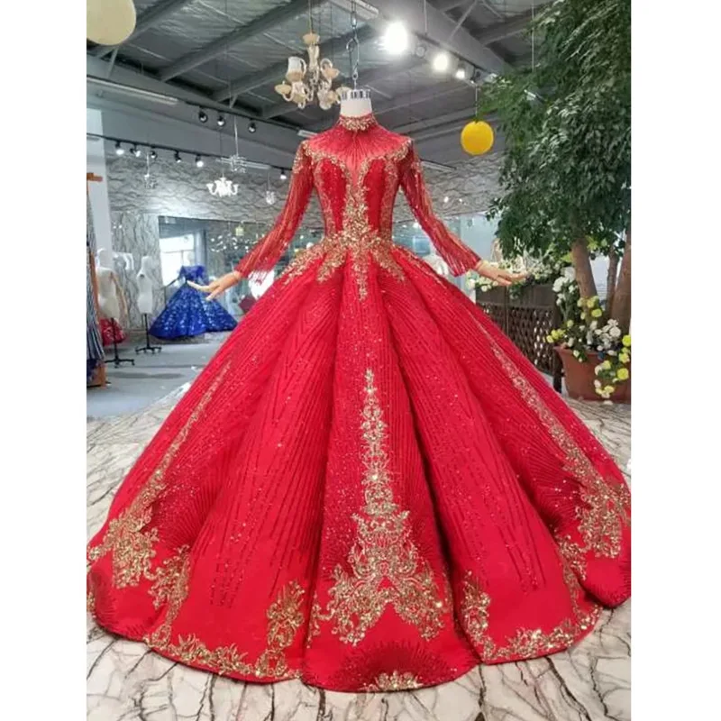 BGW 22625ht Ball Gown Red Bridal Wedding Party Dress Floor Length High Neck Long Sleeves Prom Dresses Pleat Evening Women | Свадьбы и