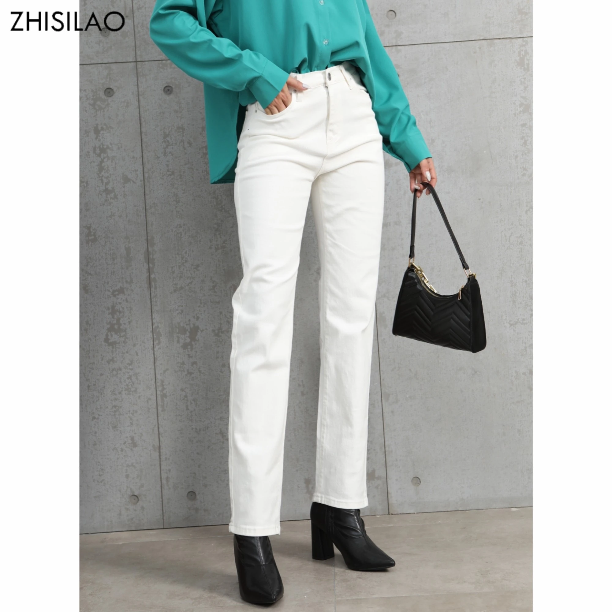ZHISILAO White Jeans Women Vintage Stretch High Waist Straight Wide Leg Denim Pants Plus Size Autumn 2021 Jeans Streetwear gap jeans
