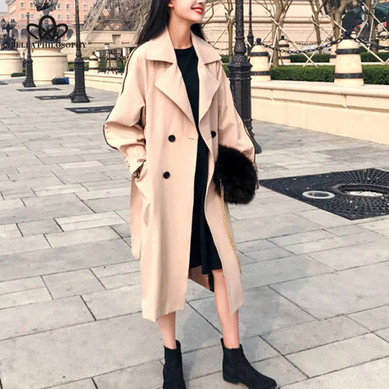 Bella philosophy Autumn Winter Women Casual Slim Double Breasted Long Trench Coat Belt Female Korean Maxi Windbreaker Outerwear