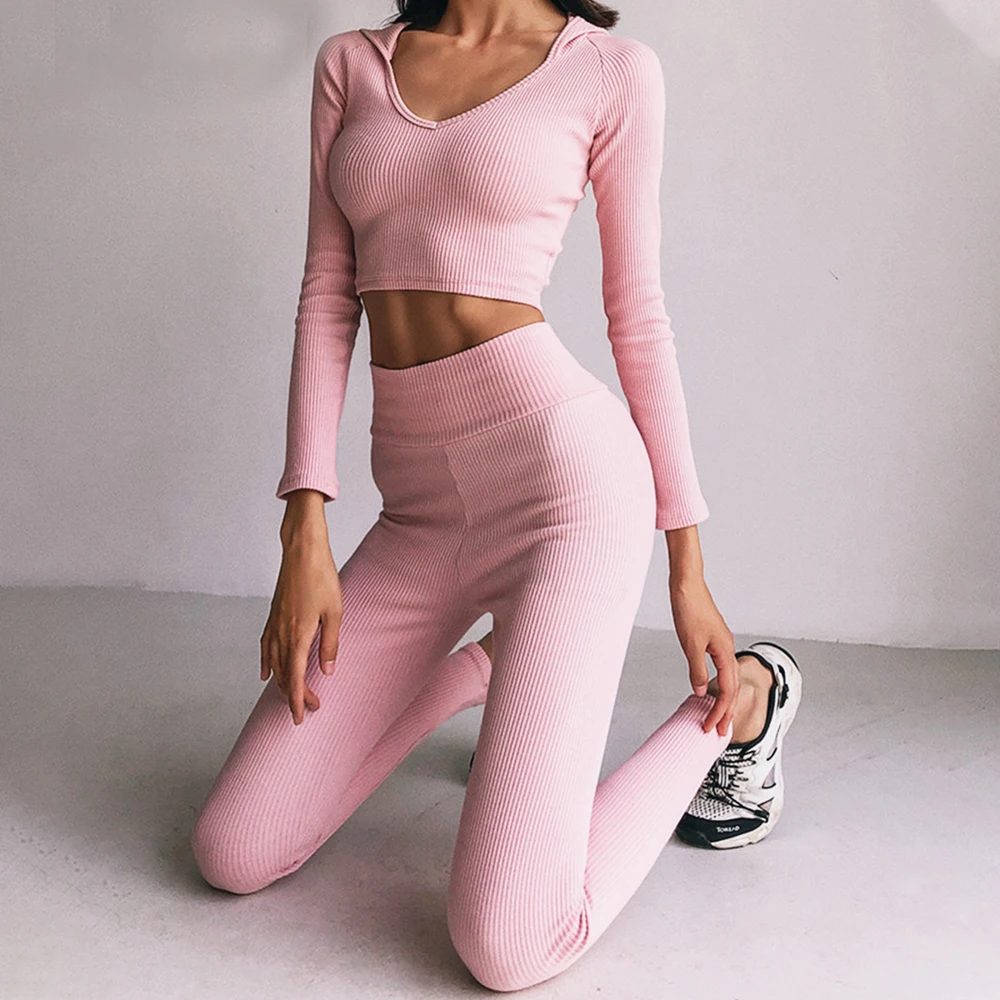 

Athleisure Fashion Women 2 Piece Set Autumn 2020 Hooded Crop Top Leggings Pit Bar Suit Casual Home Comfy Simplicity Tracksuit