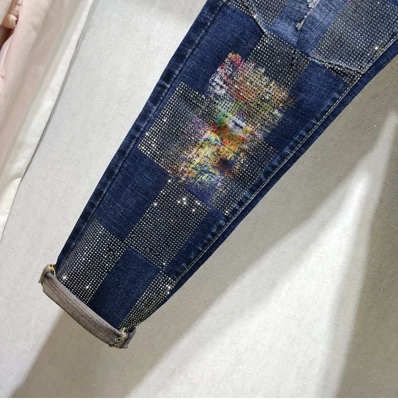 Plus Size Hot Drill Jeans Women's Fall New Pants Loose Slim Harun Pants Female Lady Streetwear Holes Diamond Jeans Trousers