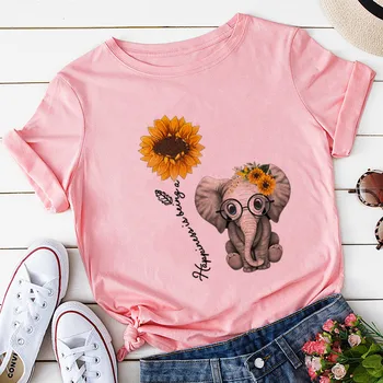 

Women Elephant Sunflower Print T Shirt Women Casual Short Sleeve O Neck Tee Tops Girl 90s Harajuku Funny Clothes,Drop ship