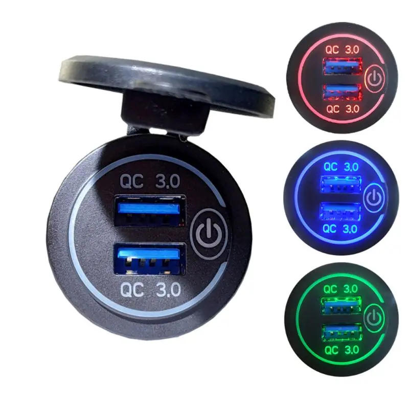 12V/24V Dual USB QC 3.0 LED Fast Charger Touch Switch for Car Boat Motorcycle 72XB