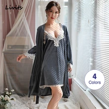 Женский пижамный комплект из 2 предметов, бархатный халат для зимы и осени, ночная рубашка, Сексуальная кружевная Женская одежда для сна, пижама, ночная рубашка SA0231