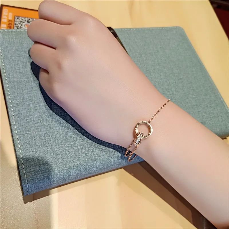 

18KGP Fashion Double Circle Chain Roman Numerals Letter Bracelet Woman Gift Rose Gold Color Stainless Steel Jewelry (GB114)