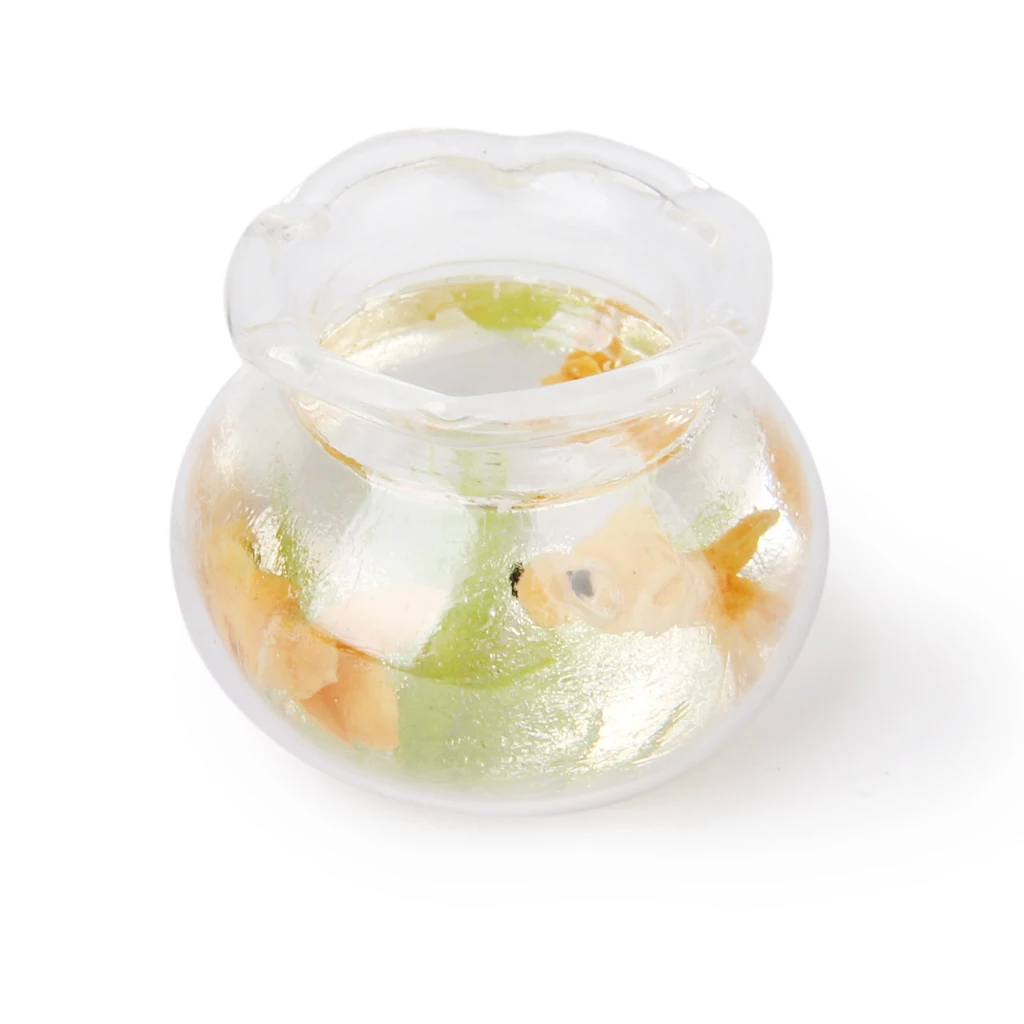 MIni Fish Bowl Tank W/ Water Gold Fish Plants 1/12 Dollhouse Pets Table Decor Miniature Mini Goldfish Fish Aquarium