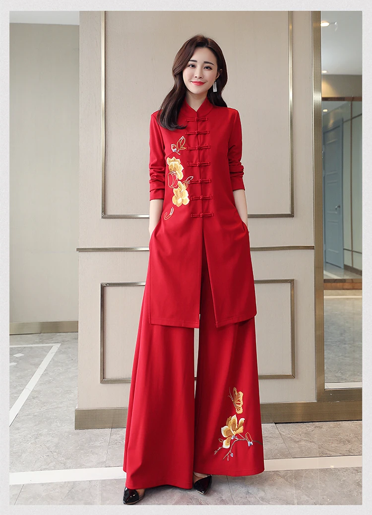

New Spring Chinese retro embroidered big size Pan-buckets long jacket outwear+long section trousers pant suit set for women