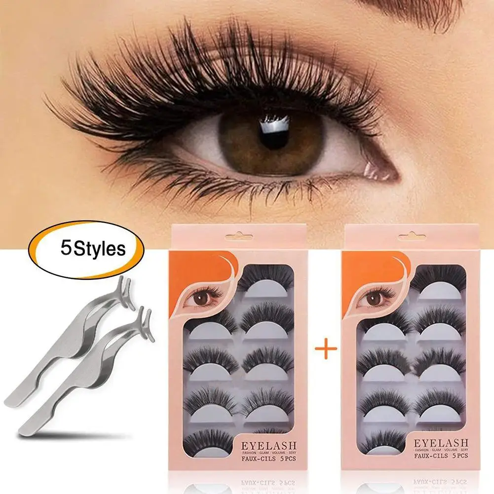 

5 Pairs 3D Handmade Natural Thick False Eyelashes Tweezers Reusable False Eyelashes Set Natural Look False Lashes Applicator