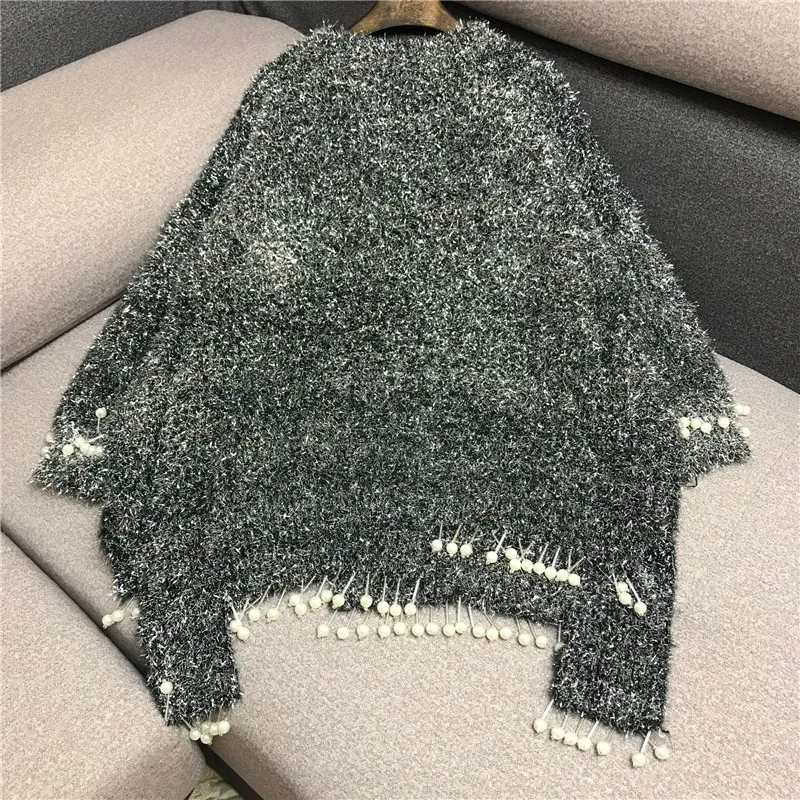 Sweater Women Woman Sweater Bright Beaded Tassel Pearl Irregular Loose Long-sleeved Pullover And Long Sections Female Tide