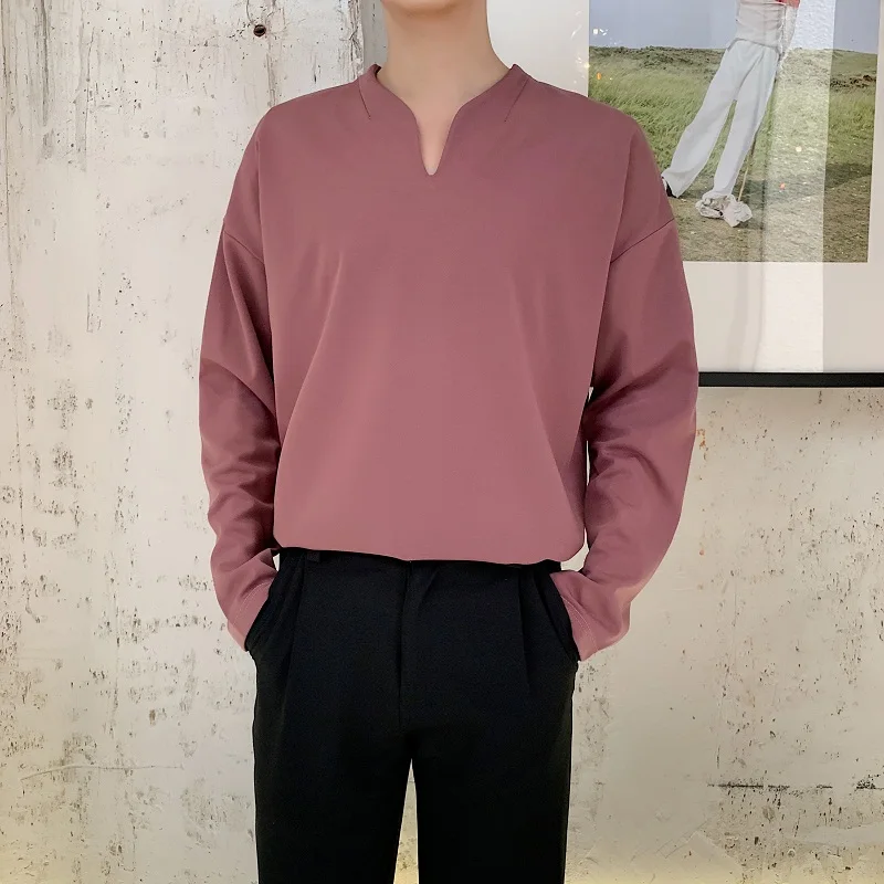 

Men Solid Color V-neck Vintage Long Sleeve Autumn Tshirt Pullovers Tees Shirts Male Streetwear Hip Hop Loose Casual T-shrit