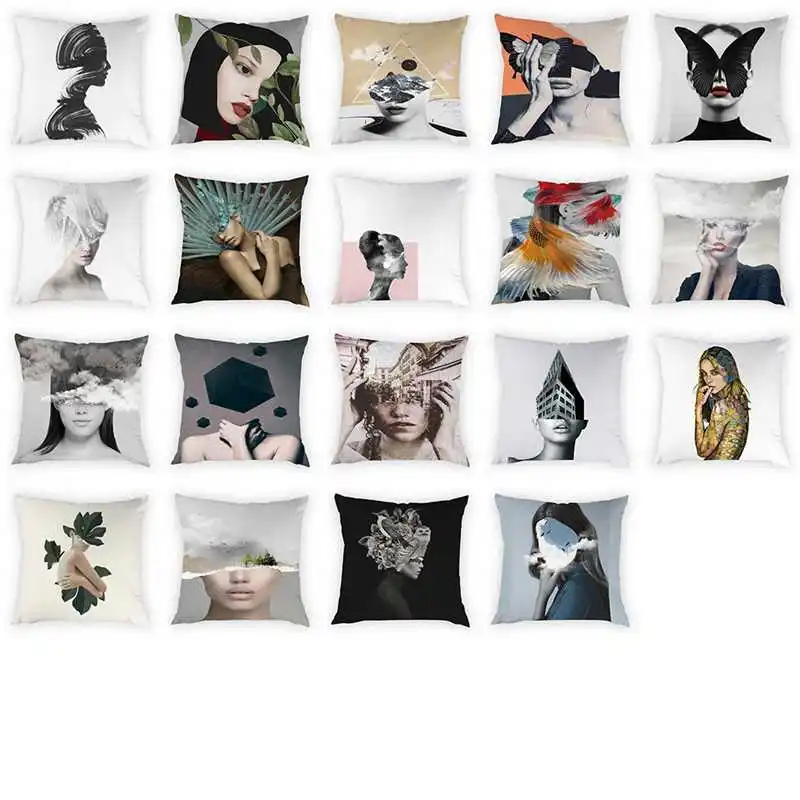 

Portrait Printed Cushion Cover Senior Sense Woman Art Portrait Pattern Pillow Case Home Decoration Peach Skin Pillow Case
