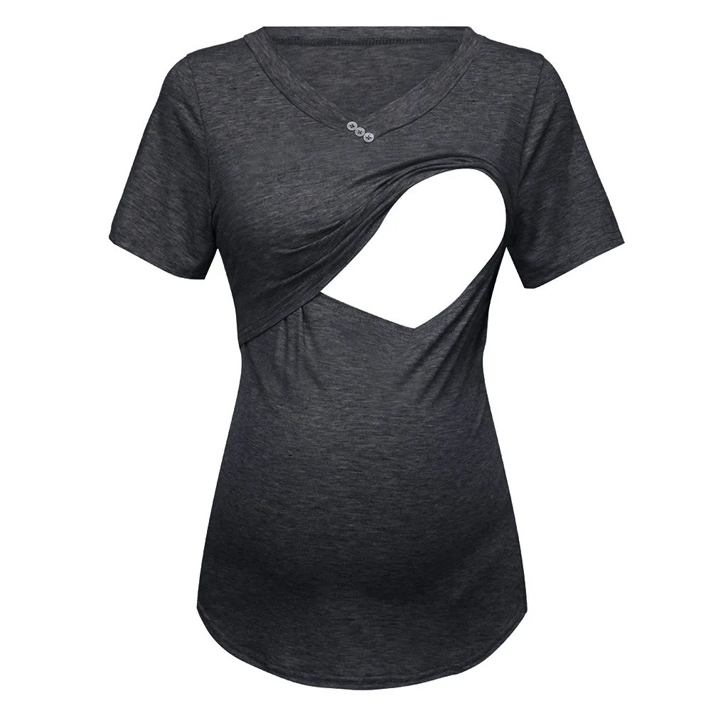 SAGACE блузка для беременных Nusring Одежда для беременных топы на каждый день футболка для кормления грудью однотонная с коротким рукавом чистый цвет v-образный вырез хлопок - Цвет: Черный