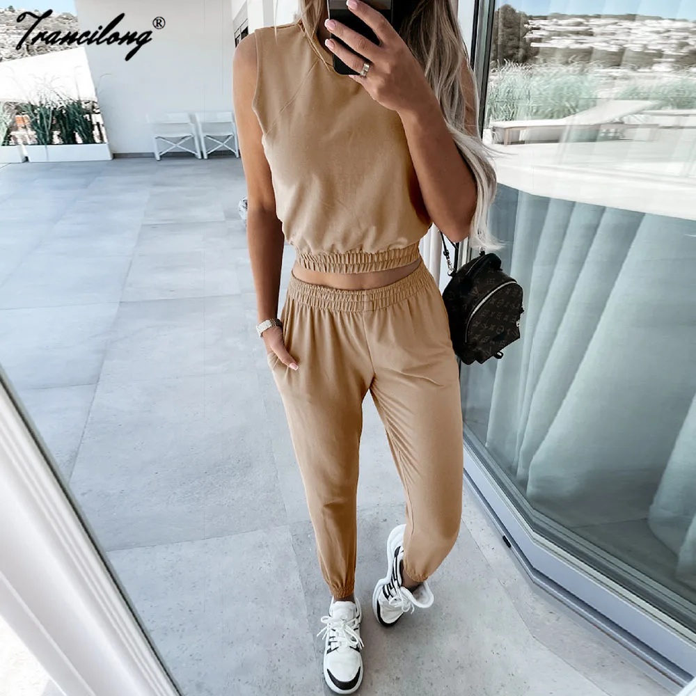 new warm sleeveless knitted sweater korean edition men and women s thread texture academy style pullover sweater tank top khaki Sleeveless Crop Top And Sweatpants Suits Khaki O Neck 2 Piece Set Women Outfits Soild Elastic Waist Summer Sweatsuits Chandal