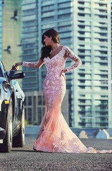 

2018 Sexy Long Sleeve V Neck Appliques Lace appliques Mermaid Tulle Arabic Evening Long Prom Gown Mother of the Bride Dresses