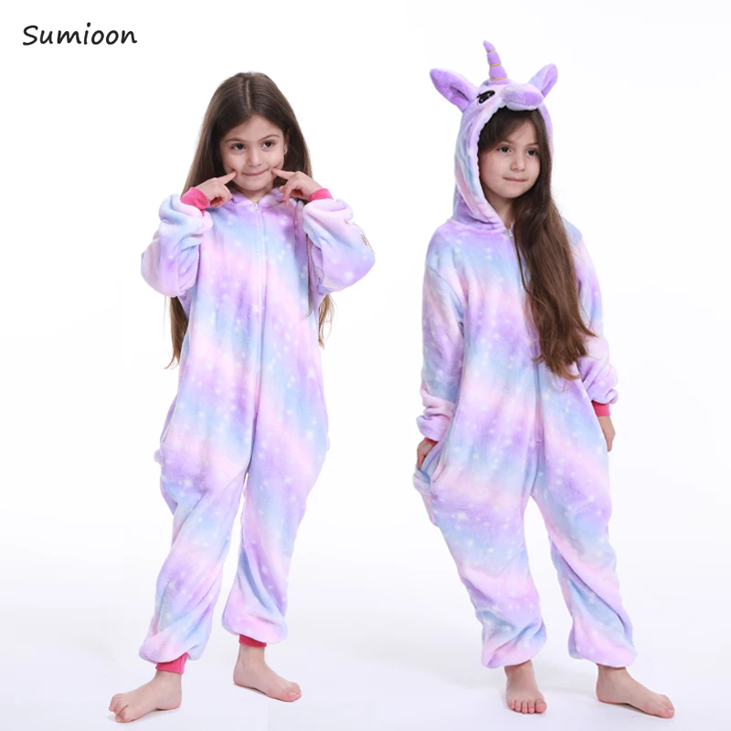 Kigurumi/Пижама с единорогом; комбинезон с животными для детей; одежда для сна для мальчиков и девочек; детская пижама с рисунком единорога; зимний комбинезон - Цвет: Purple star unicorn