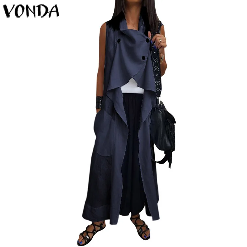  VONDA Fashion Blouses And Tops Solid Color Sleeveless Plus size Cardigan Loose Pockets Women's Tuni