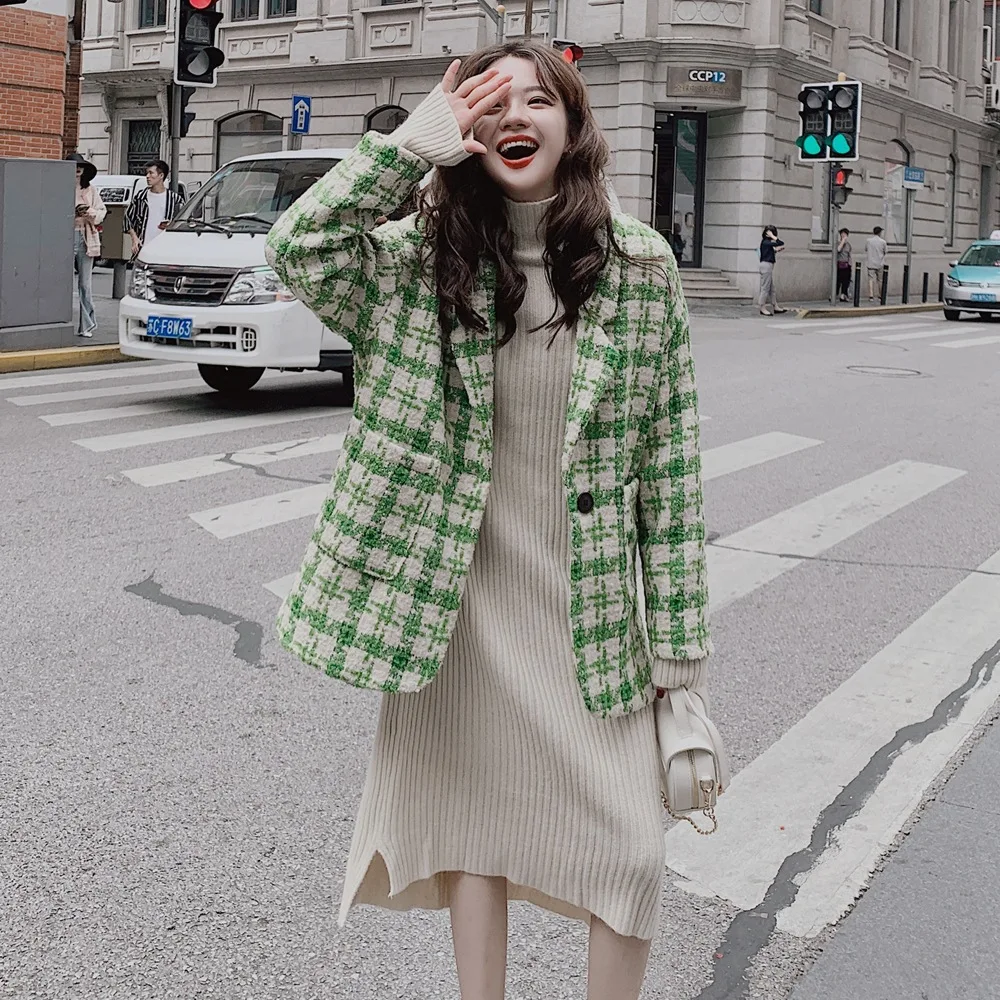 

Photo Shoot INS Sweet Graceful Red Plaid Suit Collar One-Button Loose-Fit in Tweed Wool Duffle Coat Women's