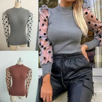 

2019 Autumn Warm Womens Shirts Fine Ribbed Spotted Polka Dots Mesh Puff Sleeve Shirt Jumper Top Mesh Sheer Lartern Sleeve Blouse