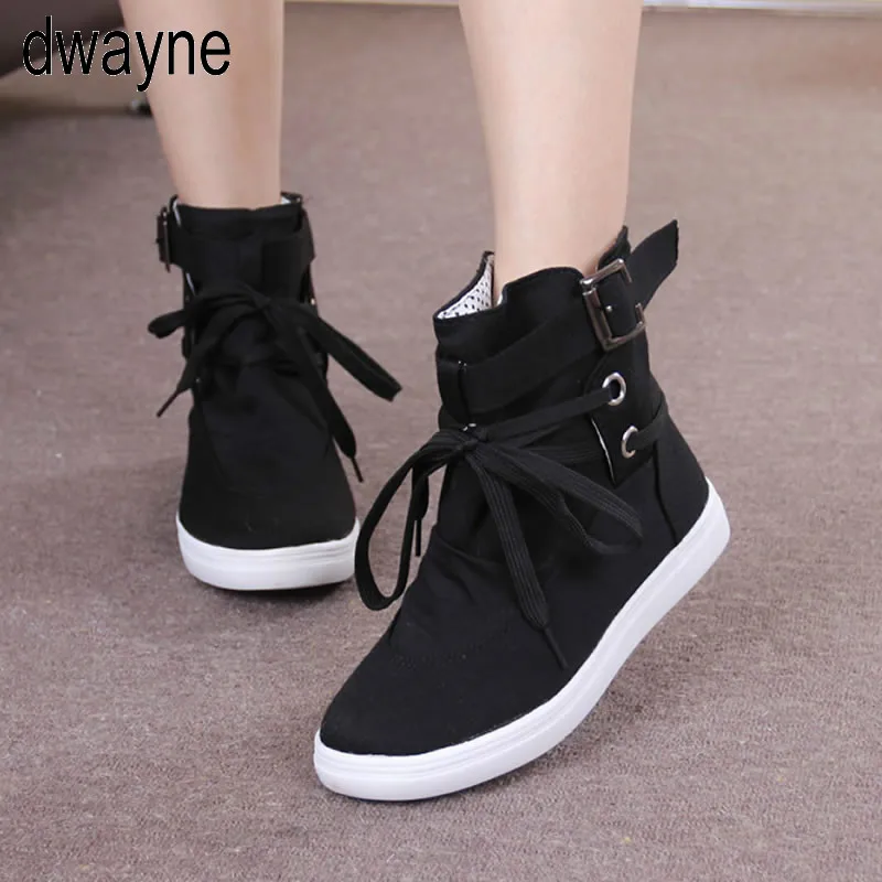 

Black Gray Round Toe Platform High-top Canvas Buckle Shoes Woman Lace Up boots Student Flat Ankle Boots Botas Mujer 569