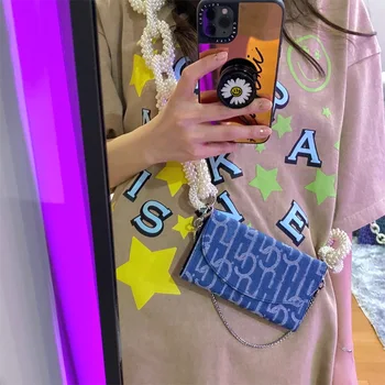 

Bag Female 2020 Summer New Denim Pearl Chain Messenger Envelope Bags Fashion Casual High Quality Women Purse and Handbags