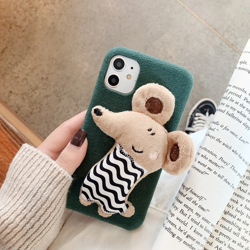 Пушистый Плюшевый чехол с милой мышкой для iPhone 11 Pro Max, мягкий силиконовый чехол для iPhone X, XR, XS, MAX, 7, 8 Plus, 11 Pro, чехол - Цвет: Green