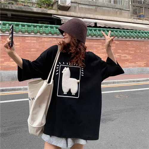 Cartoon Alpaca Animal Printed Casual Loose Oversize Korean Style 2020 Summer Short Mouw Women Top Women's T-shirts 2