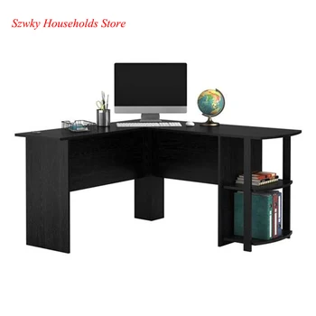 

FCH L-Shaped Wood Right-angle Modern Computer Desk with Two-layer Bookshelves Home Office Furniture Dark Brown/Black Color