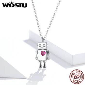 

WOSTU 100% Real 925 Sterling Silver Love Robot Necklace Pink Zircon Long Chain Link For Women Wedding Party Jewelry Gift FIN388