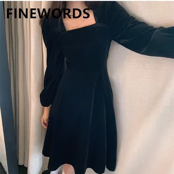 FINEWORDS-vestido elegante de terciopelo negro para invierno, vestido de fiesta con cuello de Cuadrado coreano, de talla grande, manga larga, Midi, 2020