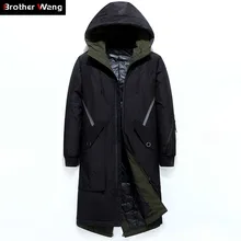 Зимний мужской длинный пуховик на белом утином пуху, Модный повседневный утепленный Черный пуховик с капюшоном, брендовая мужская парка и пальто