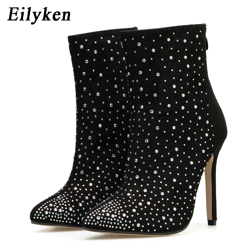 Eilyken/ г., модные, украшенные кристаллами ботильоны женская обувь на высоком каблуке, пикантная, с острым носком, черная обувь для вечеринок женские ботинки на тонком каблуке на молнии