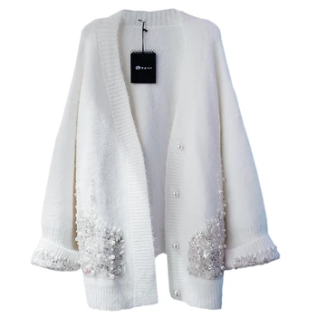

Sexy V-neck Knitted Cardigan Women Autumn Winter Sequins Pearls Cardigans Female Pink White Oversized Jumper 2020 LT592S50