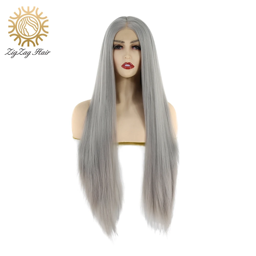 

ZigZag Gray Synthetic Lace Front Wig Natural Straight Long Middle Part Heat Resistant Fiber Hair for Women Daily Wear Wigs