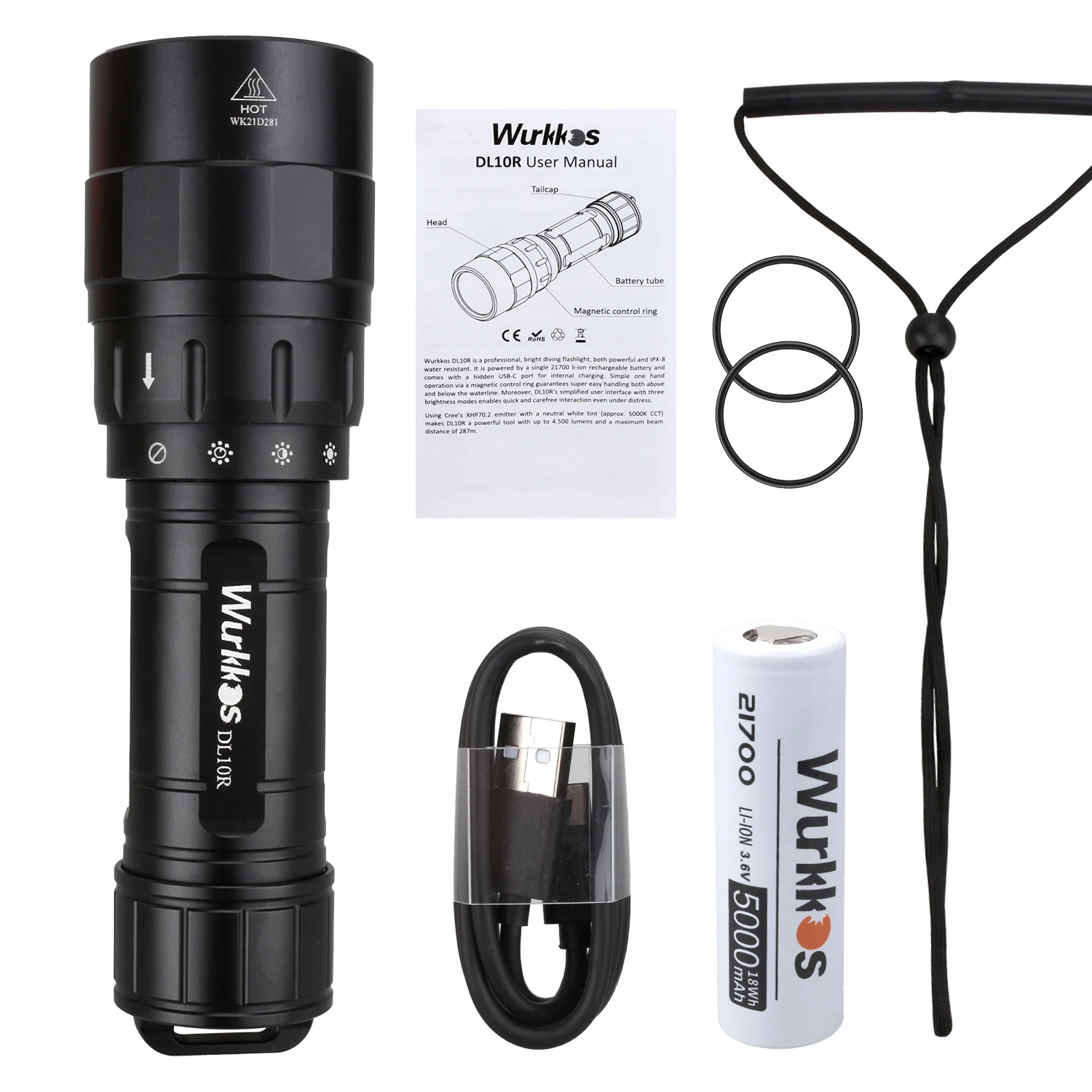 LED Flashlight Wurkkos DL10R Scuba Diving Torch XHP70.2 LED Flashlights 4500lm 21700 USB-C Rechargeable Rotary Switch Magnetic Control