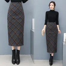Новая модная женская юбка, высокая талия и средняя длина, утолщенная клетчатая твидовая юбка, юбка с разрезом сзади