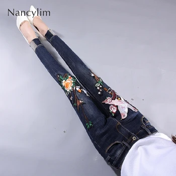 

Jeans Women Spring Autumn Korean New Embroidery Pattern Slim Denim Legings Pencil Pants Dark Blue Jeans Vaqueros De Mujer 2019