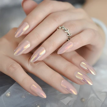 

Chameleon Mirror Nude Stiletto False Nails 24pcs Amlond Sharp Artificial False Nail Tips for Office Home Faux Ongle Free Sticker