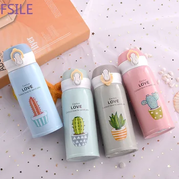 

Fsile 350ml Cartoon 304 Stainless Steel Bounce Cover Vacuum Thermos Creative Small Fresh Cactus Portable Water Bottle
